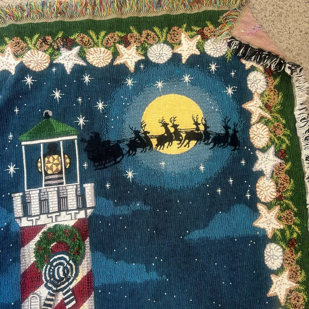 VNTG Santa Reindeer Christmas Light House Tapestry Blanket‎ Country Southwestern